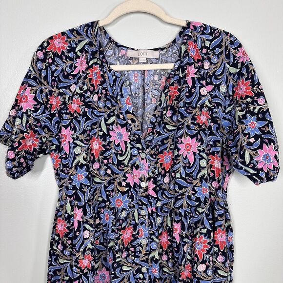Loft L Tall Spring Bloom Button Swing Dress Lightweight Floral Vacation Resort - Picture 2 of 6